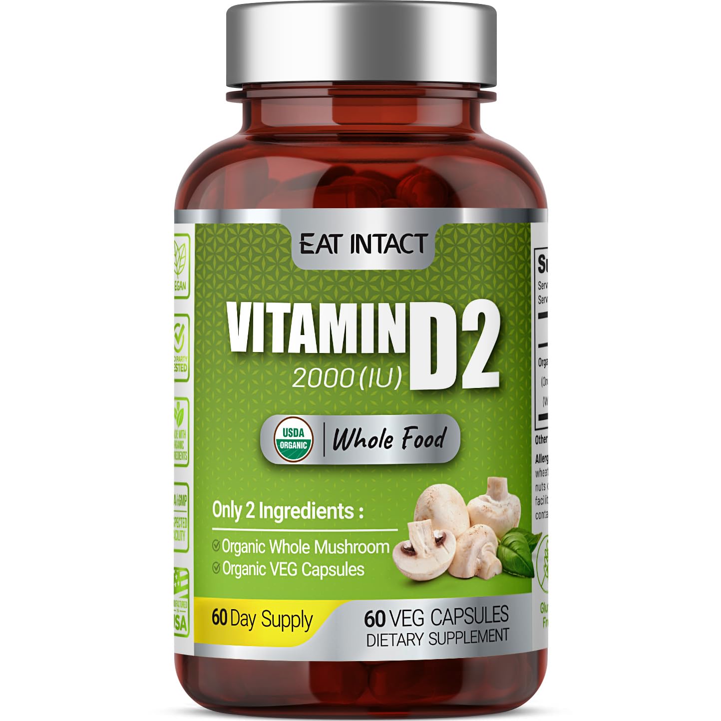 EAT INTACT vegan vitamin D bottle with 2000 IU, convenient daily supplement.