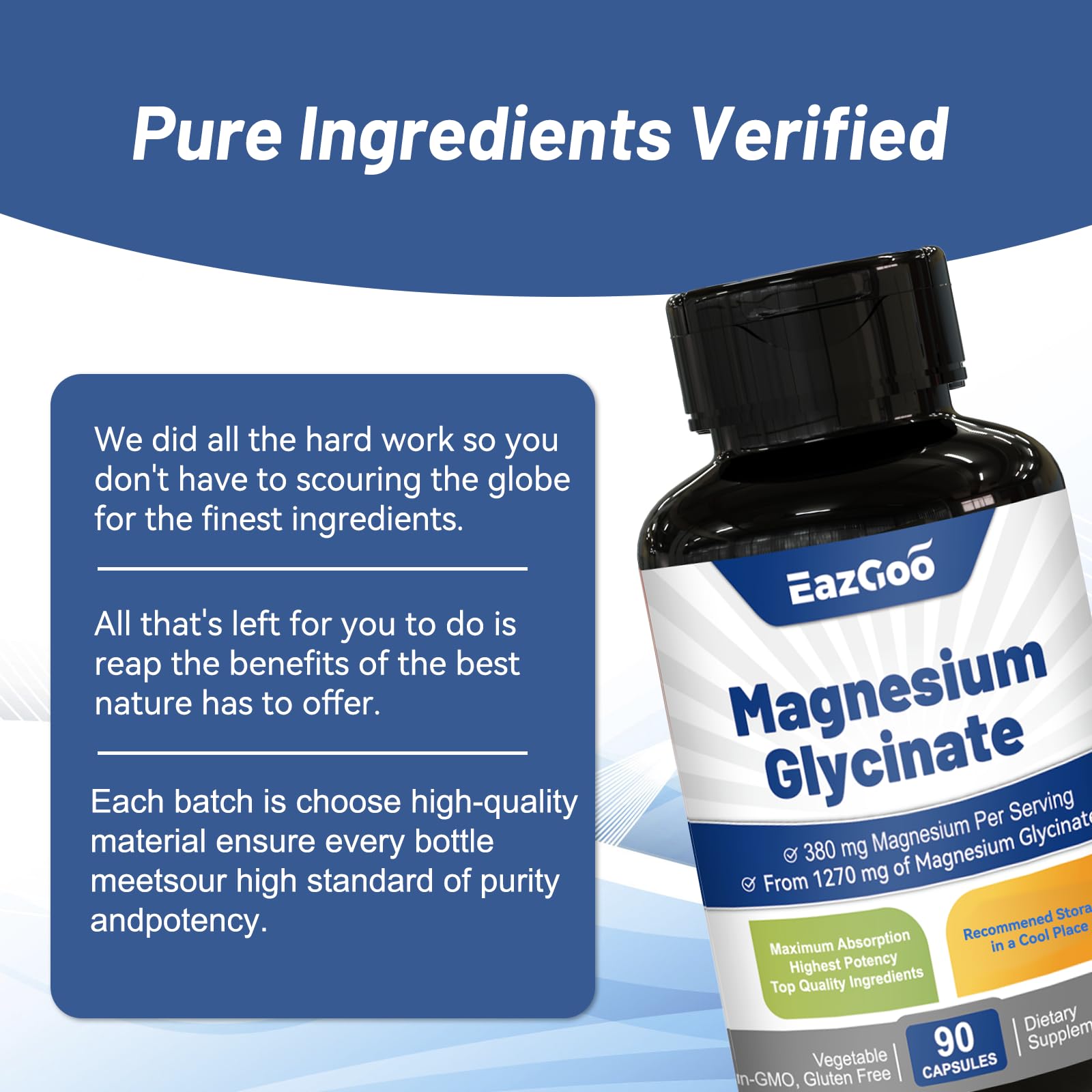 Bottle back displaying quality testing and product integrity details from EAZGOO.