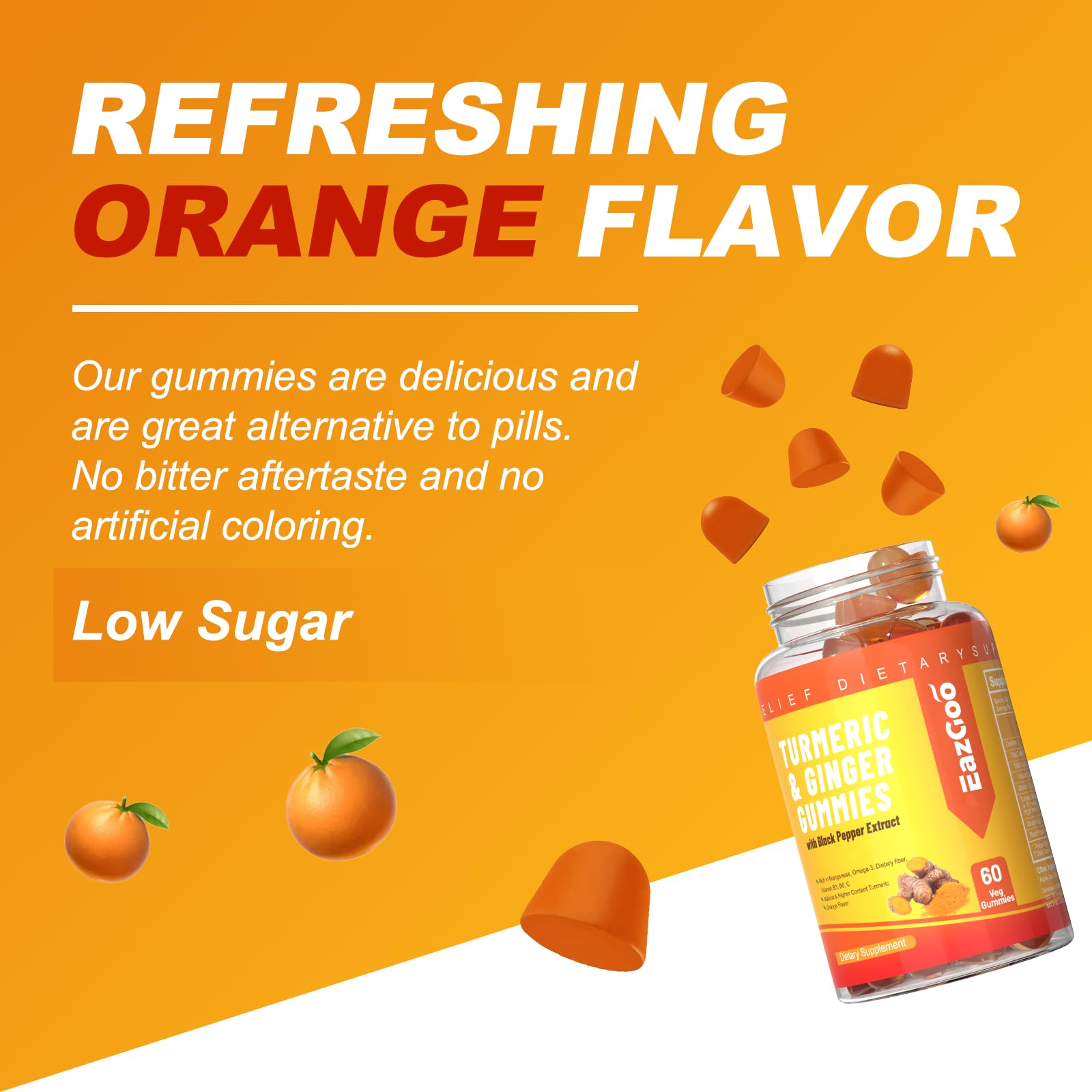 EAZGOO orange-flavored turmeric gummies on bright background for daily use.