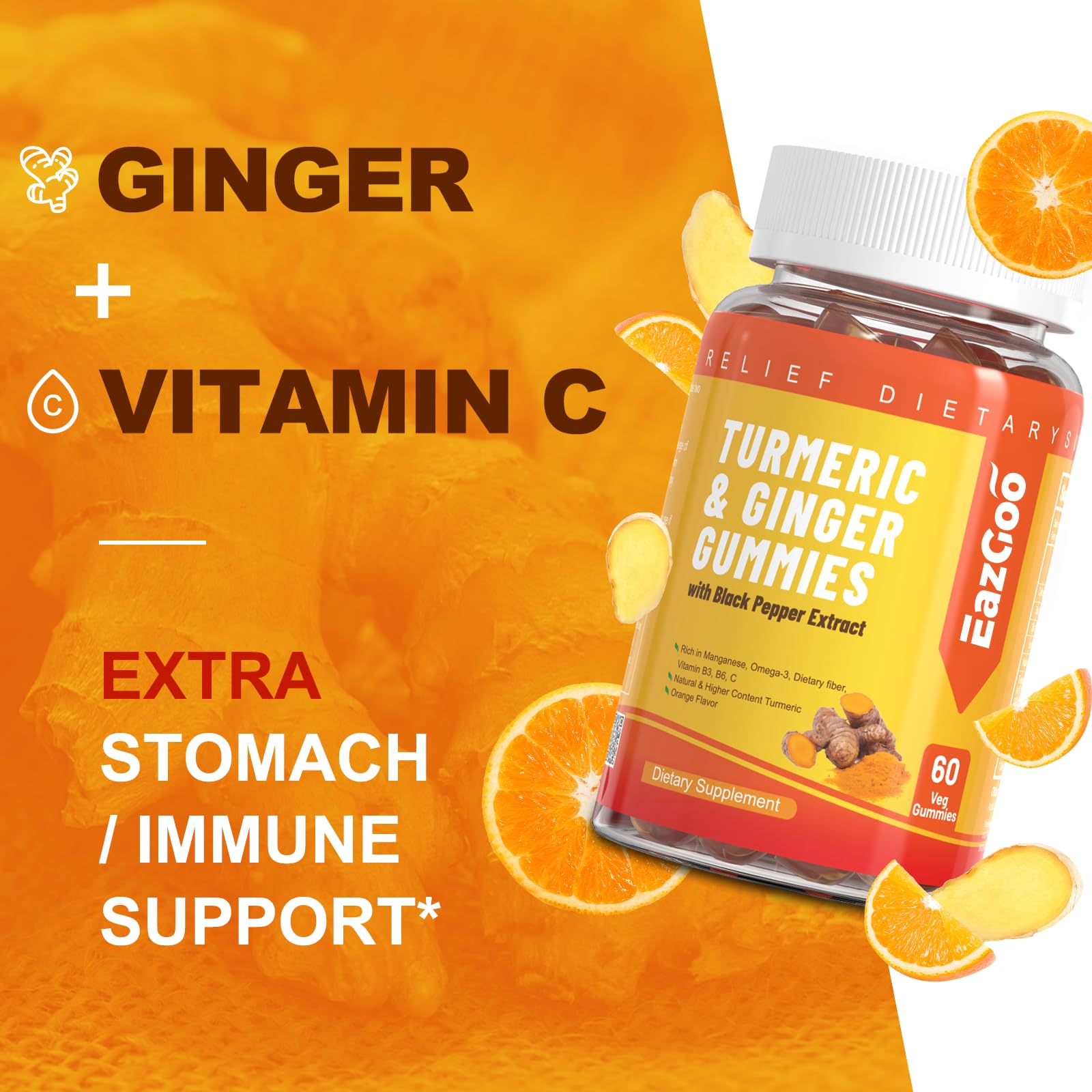 EAZGOO turmeric gummies closeup featuring black pepper extract for absorption support.