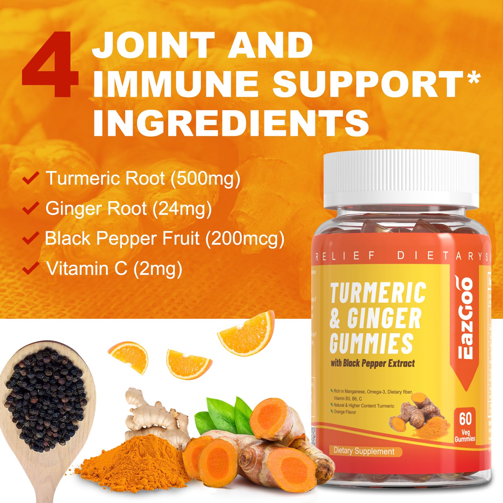 EAZGOO turmeric gummies bottle closeup showing 500mg turmeric and black pepper for absorption.