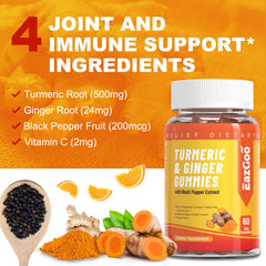 EAZGOO turmeric gummies bottle closeup showing 500mg turmeric and black pepper for absorption.