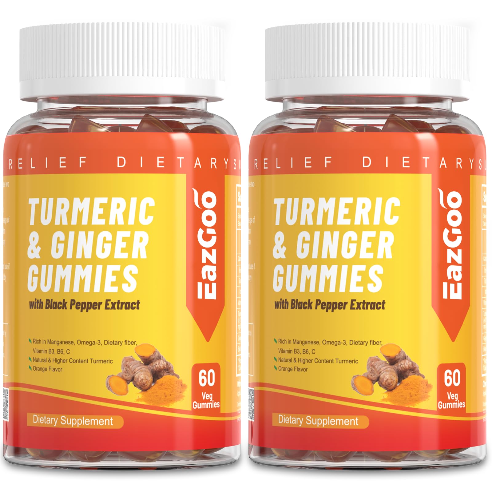 EAZGOO turmeric gummies packaging highlights orange flavor and convenient chewable format.
