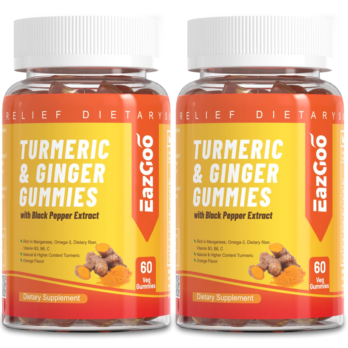 EAZGOO turmeric gummies packaging highlights orange flavor and convenient chewable format.