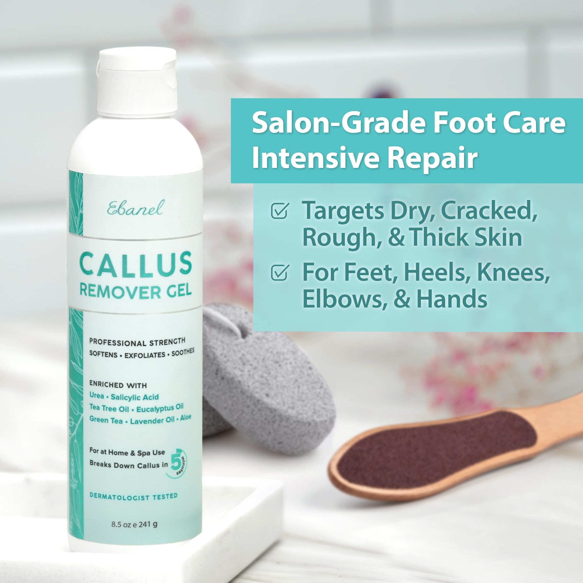 Ebanel callus remover gel ingredients close-up highlighting active acids.