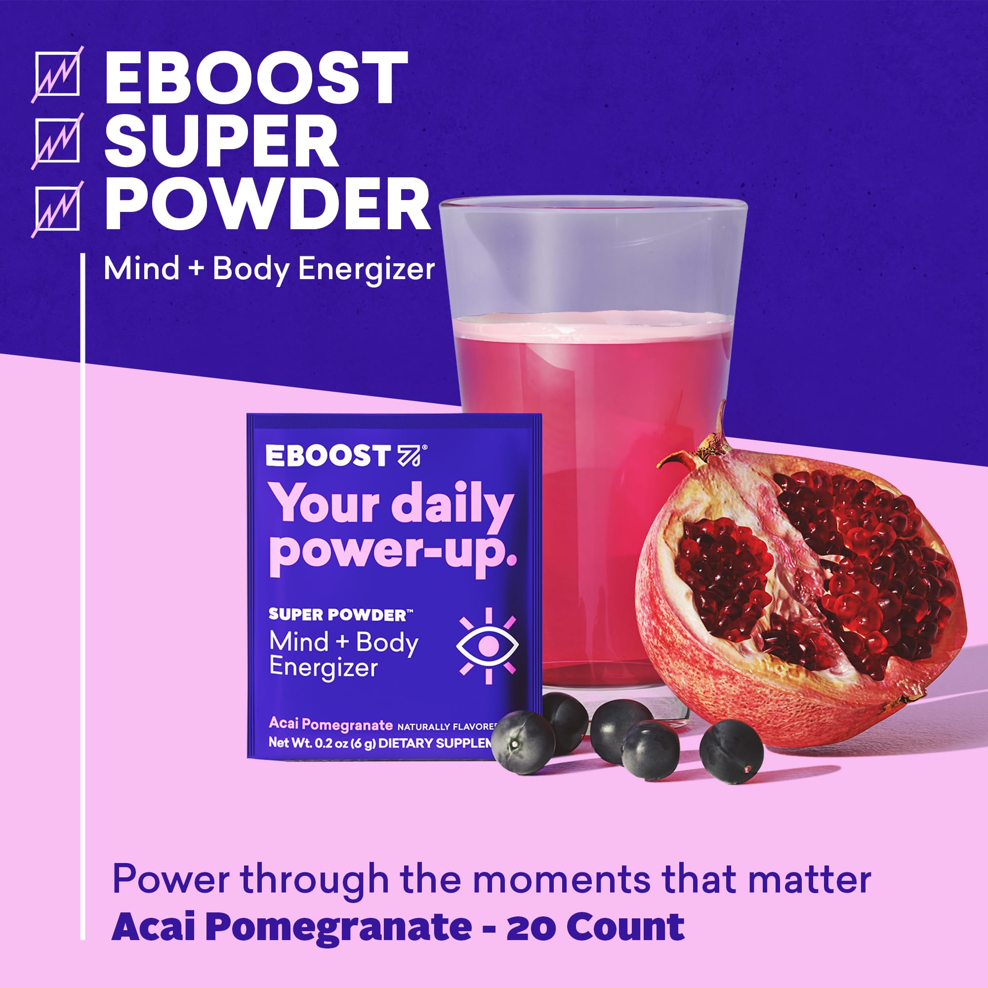 EBOOST acai pomegranate flavor glass shows refreshing drink for focused study.