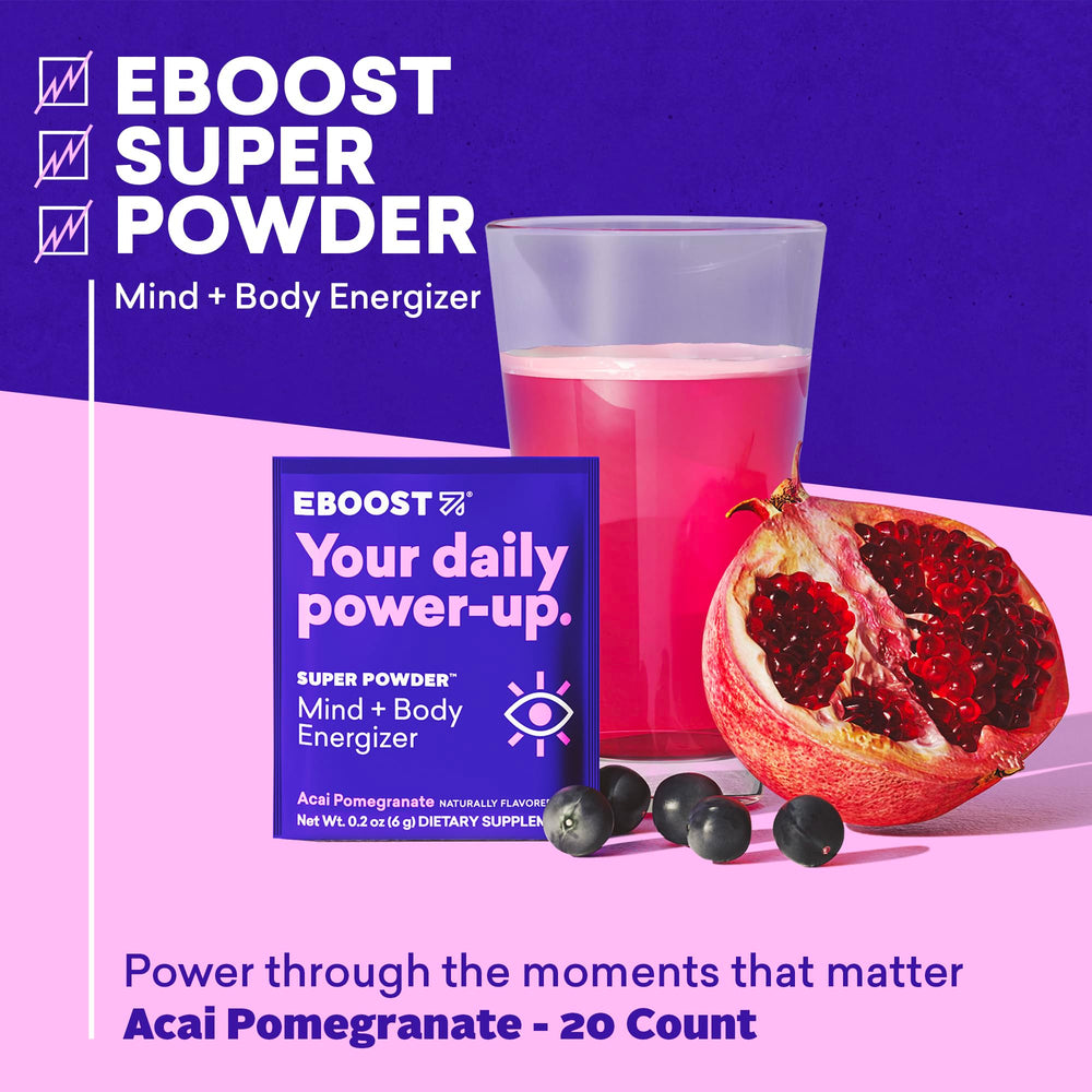 EBOOST acai pomegranate flavor glass shows refreshing drink for focused study.