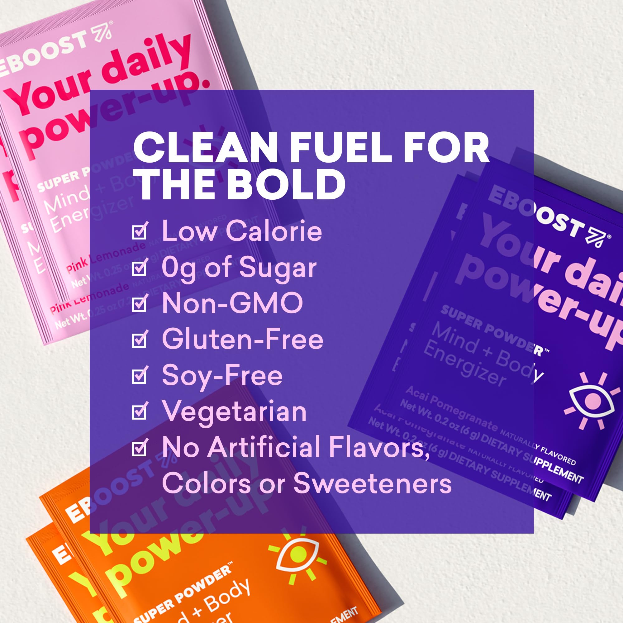 EBOOST packaging on display suggests versatile daily wellness for travel and busy days.