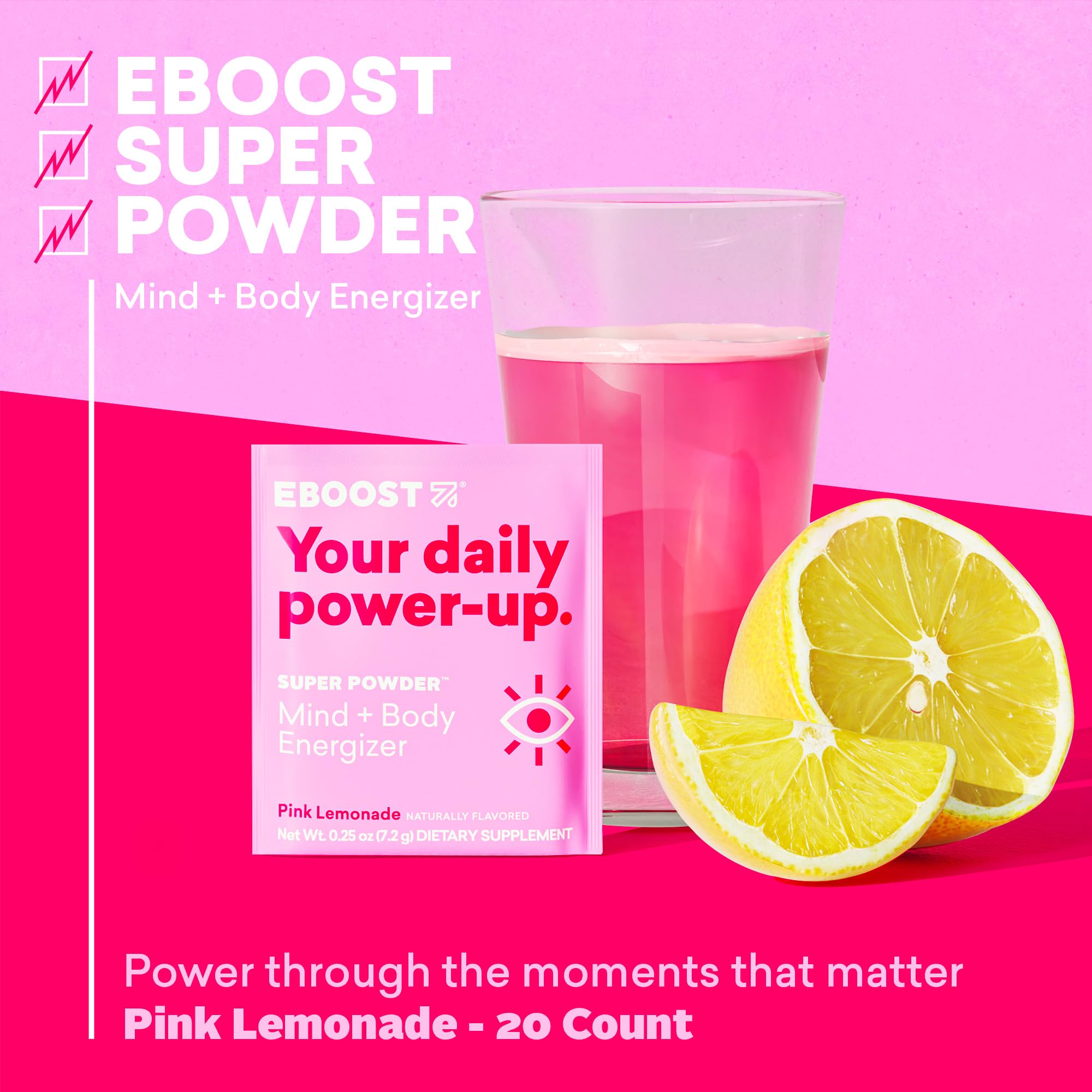 EBOOST Pink Lemonade being poured into a glass for hydration and focus