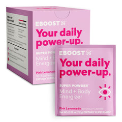 EBOOST Pink Lemonade packet ready for a quick energy boost