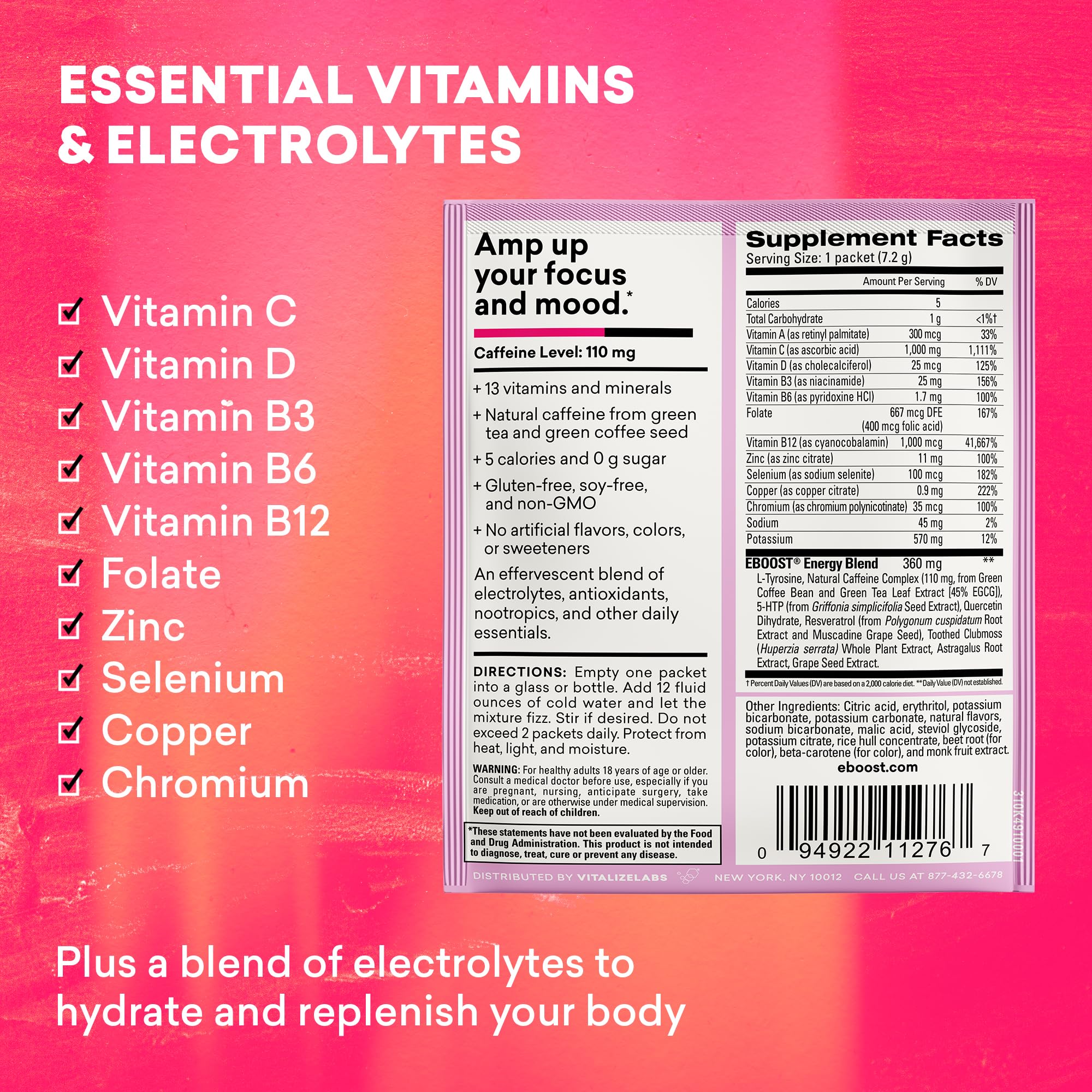 EBOOST Pink Lemonade scoop dispensing powder for on-the-go energy