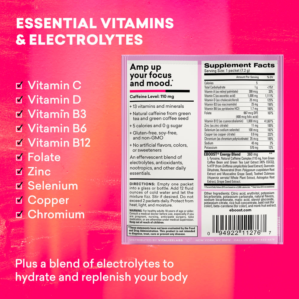 EBOOST Pink Lemonade scoop dispensing powder for on-the-go energy