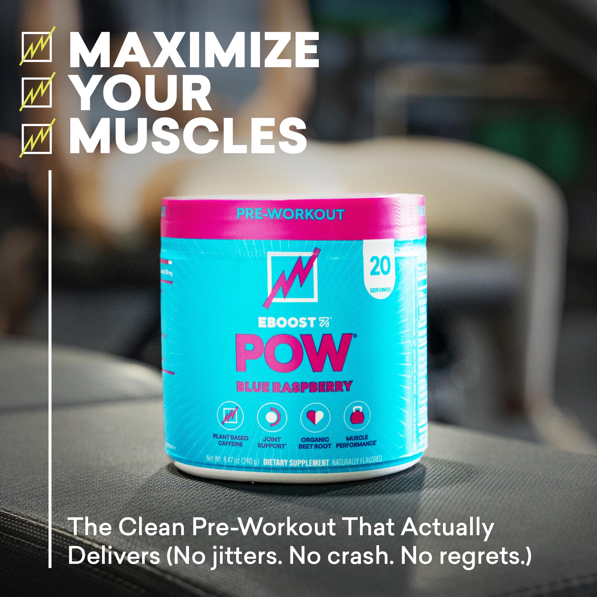 EBOOST POW blue raspberry scoop dissolves quickly before training sessions.