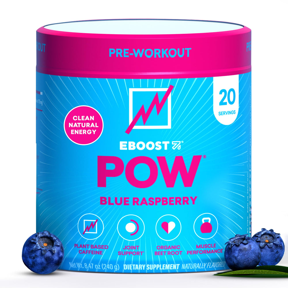 EBOOST POW blue raspberry tub provides a gluten-free energy boost for workouts.