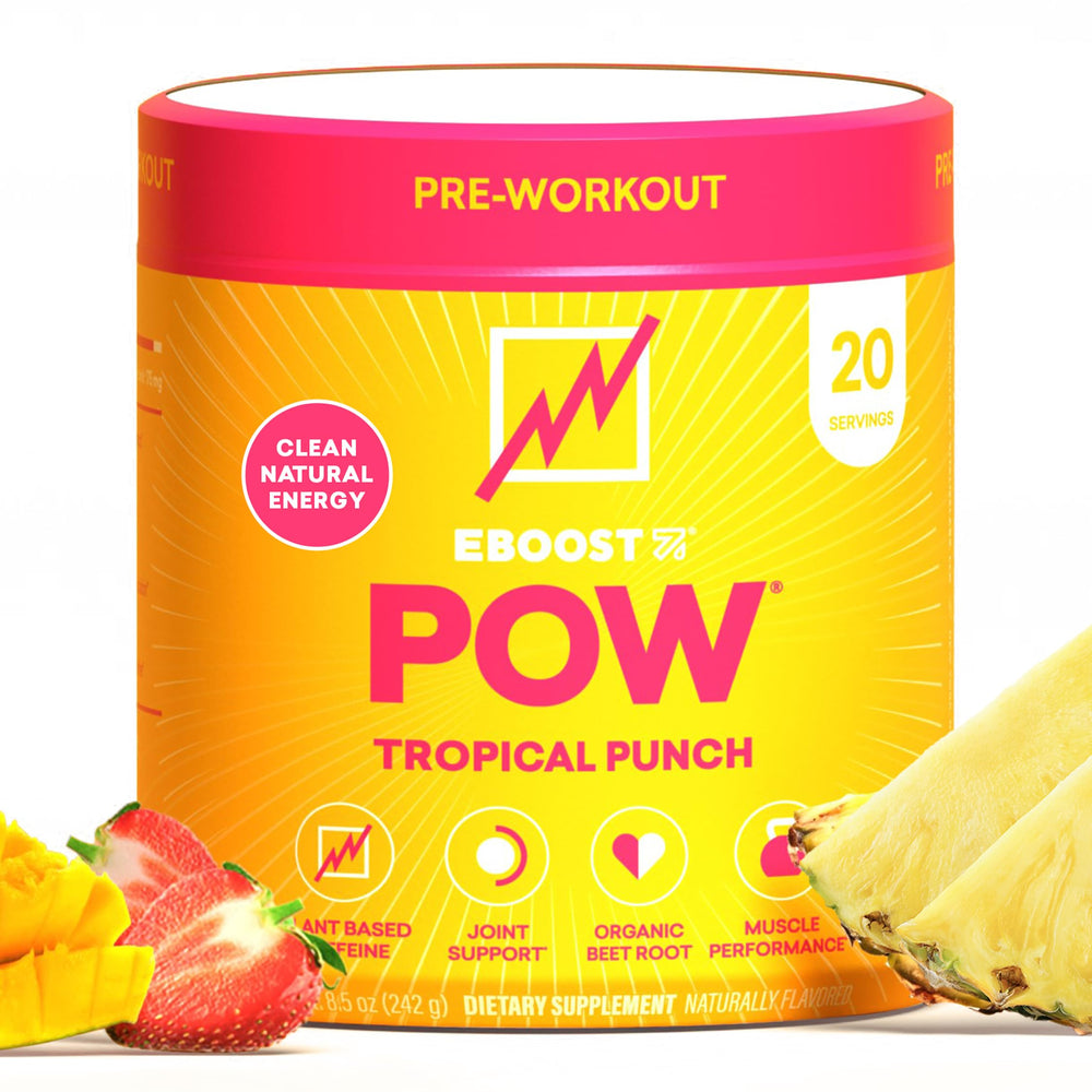 EBOOST POW Tropical Punch bottle ready for a quick energy boost before workouts
