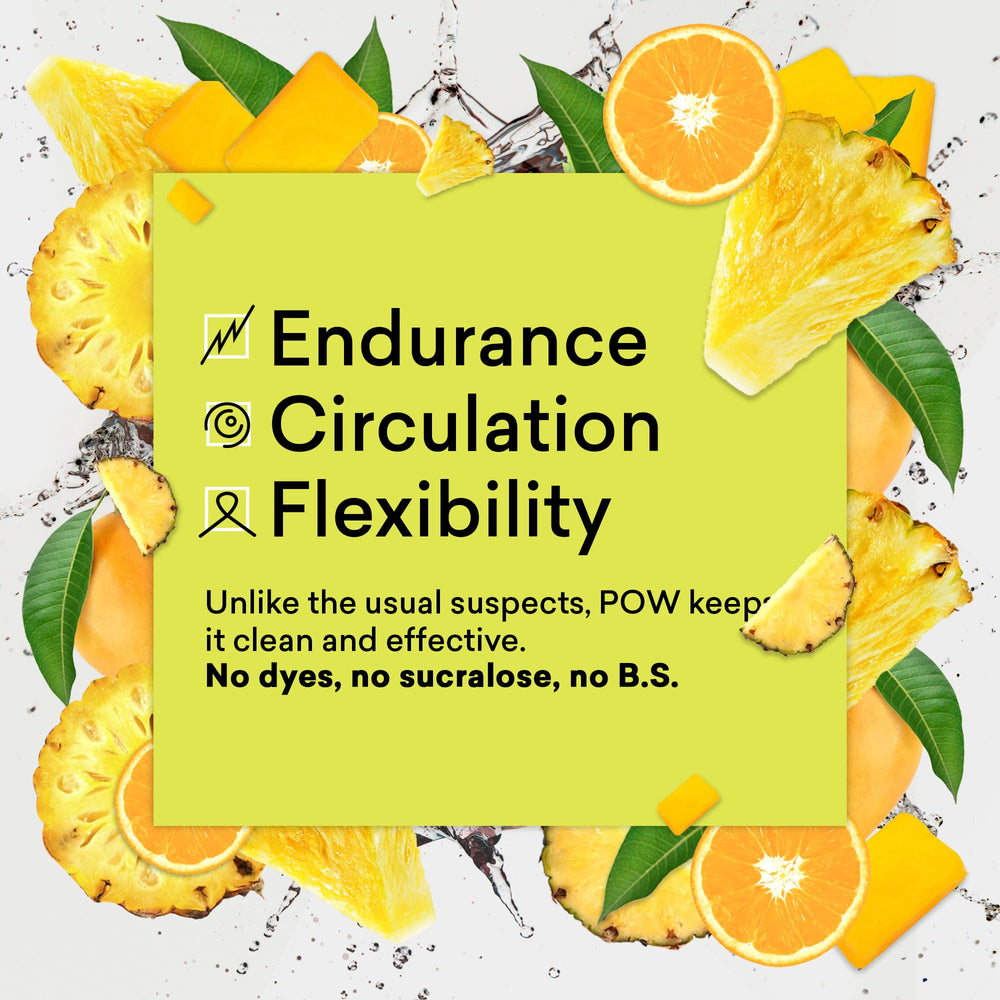 EBOOST POW Tropical Punch serving scoop beside glass for pre-workout use