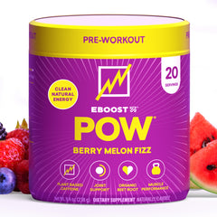 EBOOST POW bottle front view highlighting Berry Melon Fizz pre workout energy