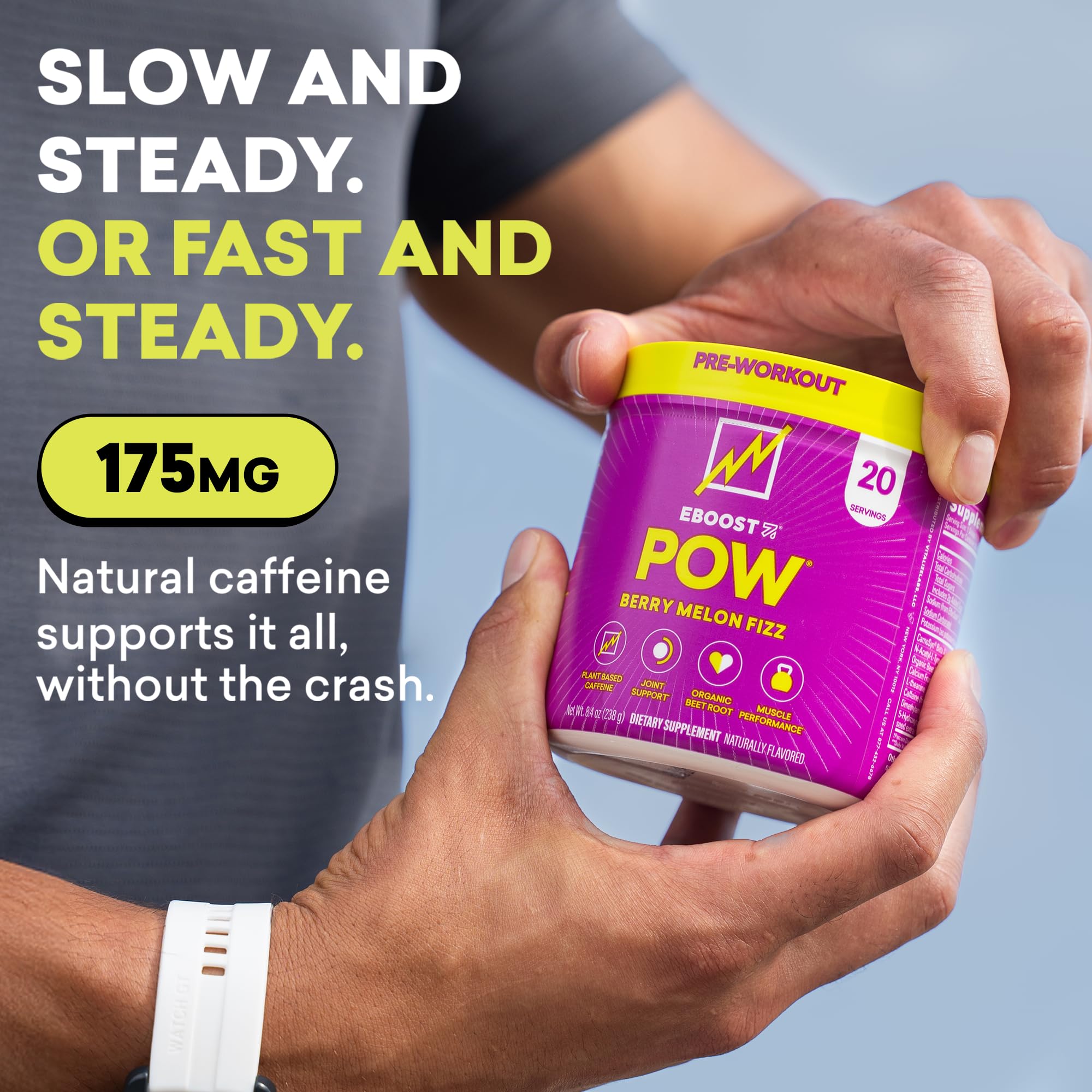 Pouring EBOOST POW into water for a refreshing Berry Melon fizz