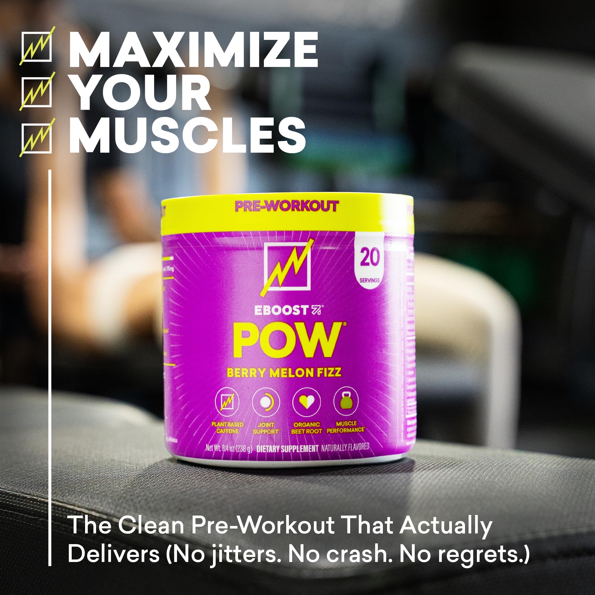 EBOOST POW scoop ready to measure a precise pre workout dose