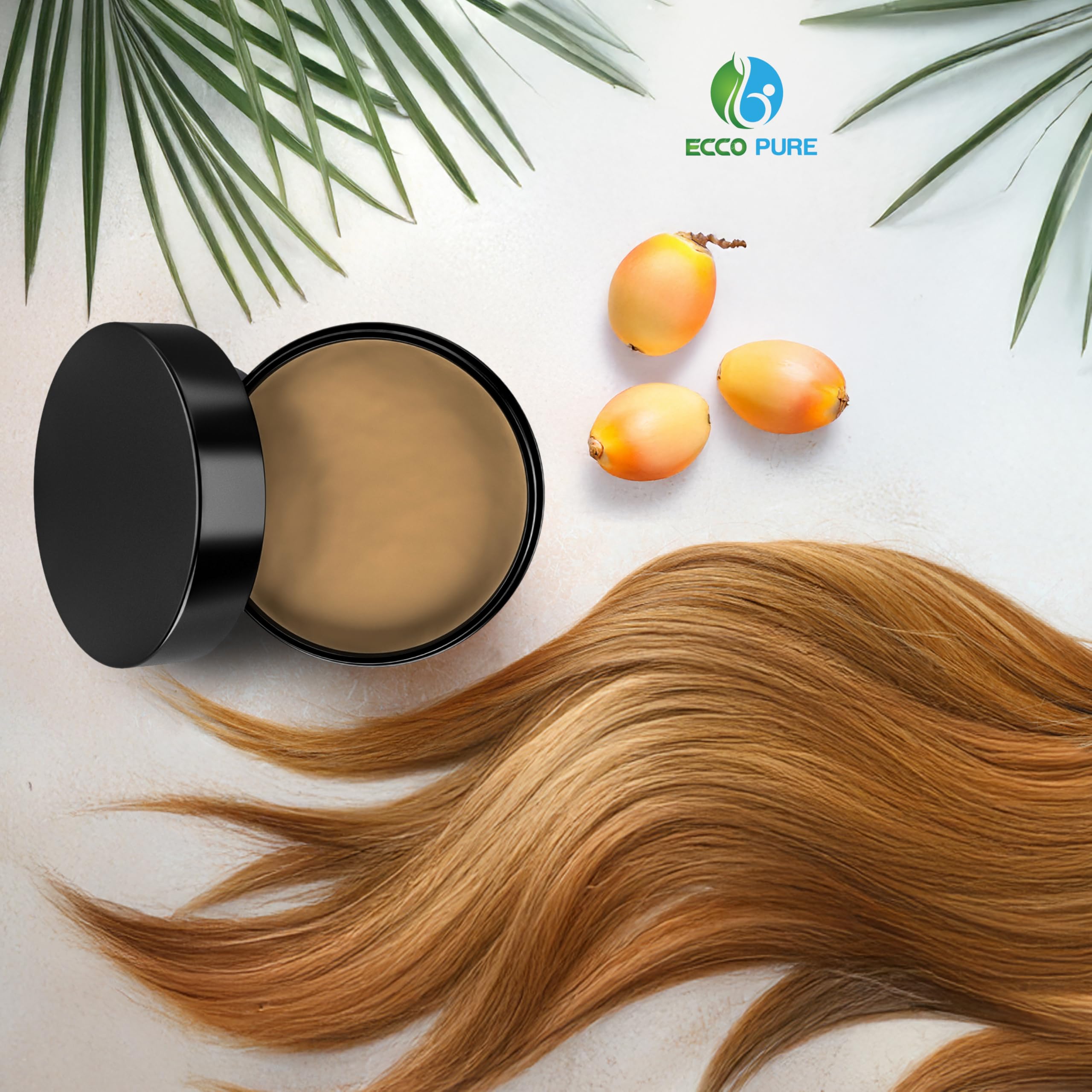 Product packaging display emphasizing hair and skin care potential.