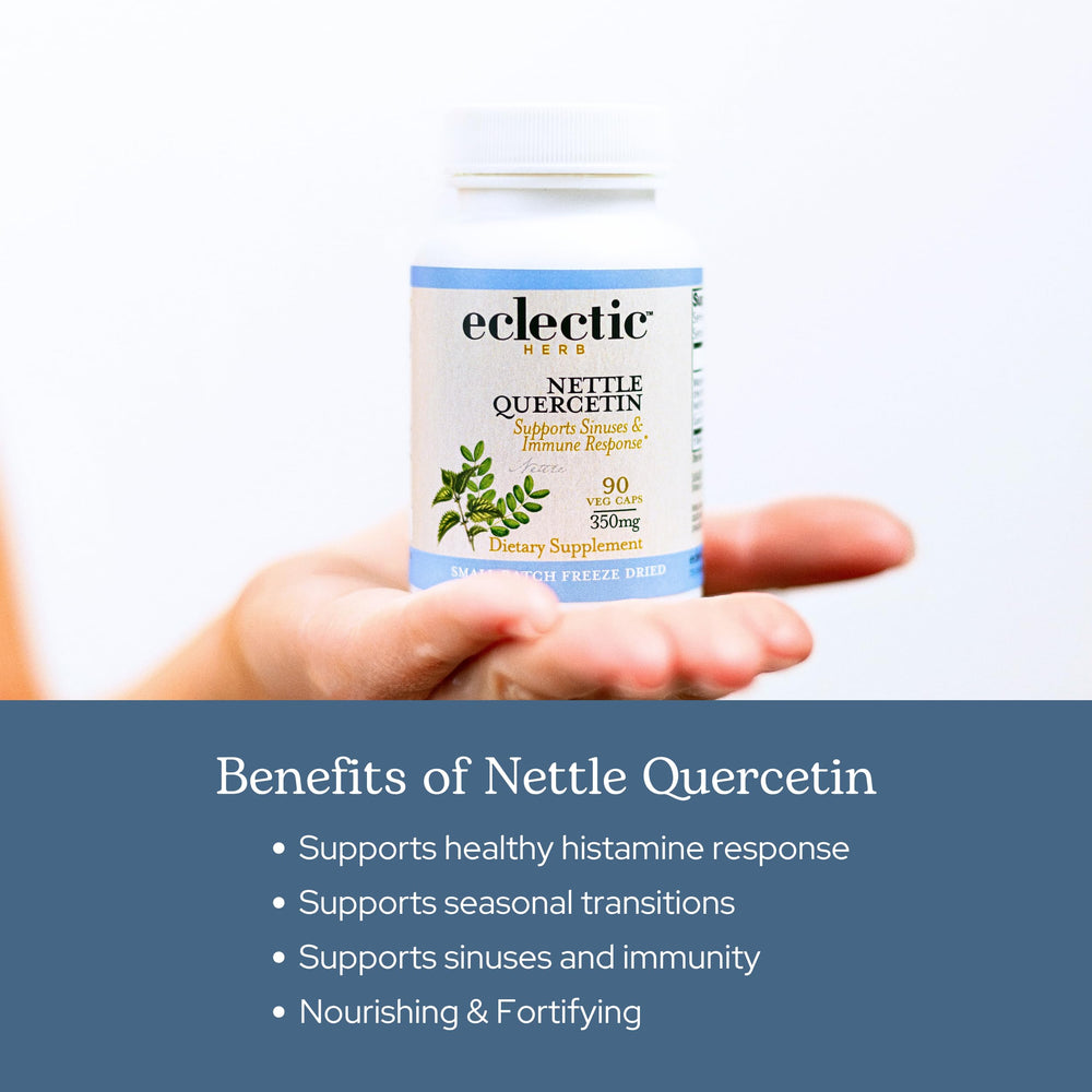 ECLECTIC INSTITUTE Nettle Quercetin label close-up highlights gluten-free and vegan credentials.