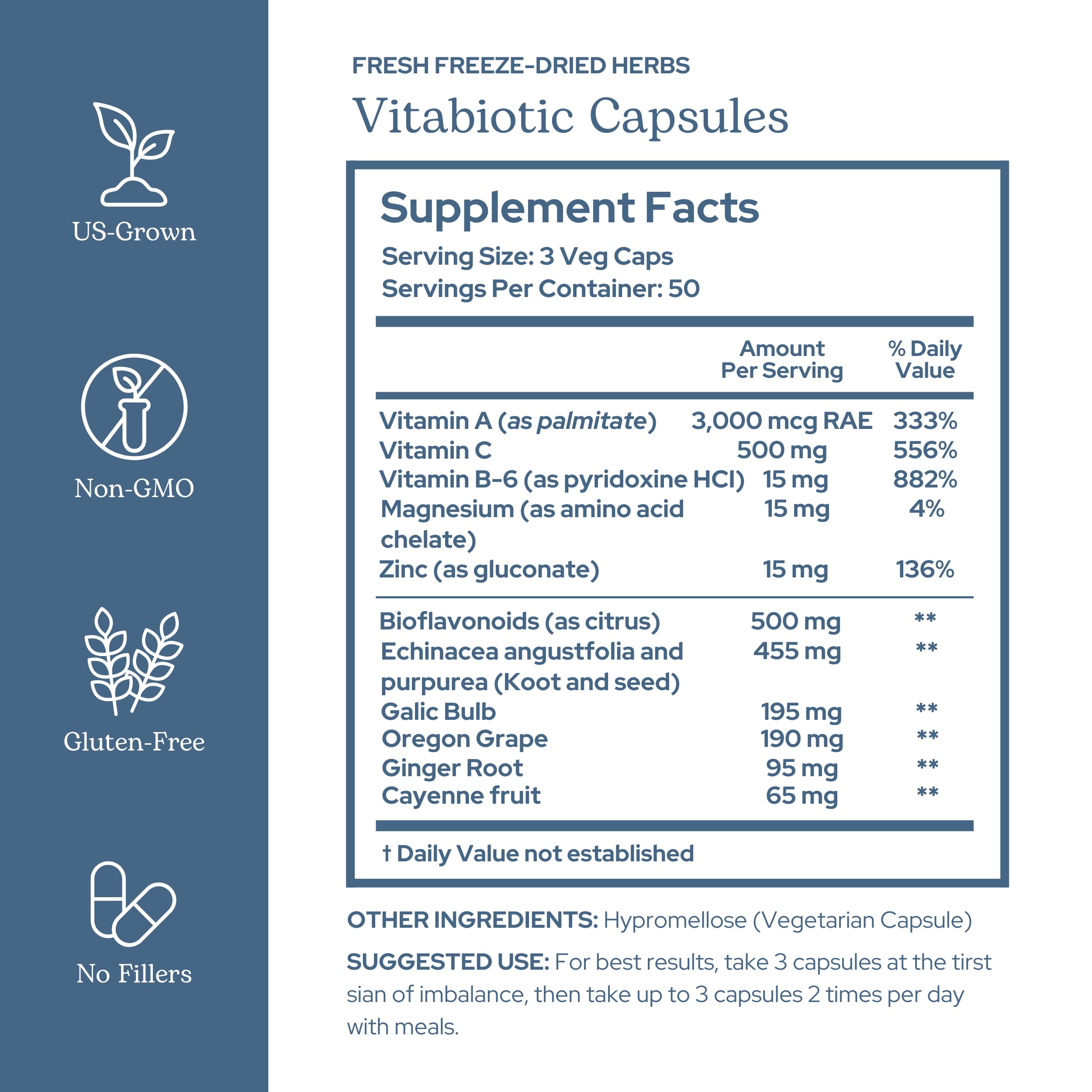 Close-up of Eclectic Herb Vitabiotic capsules highlighting convenient daily use