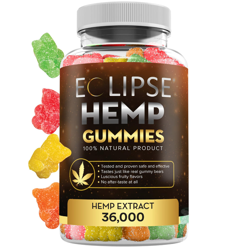 Eclipse Hemp Gummies jar front, convenient daily wellness option with tropical flavor.