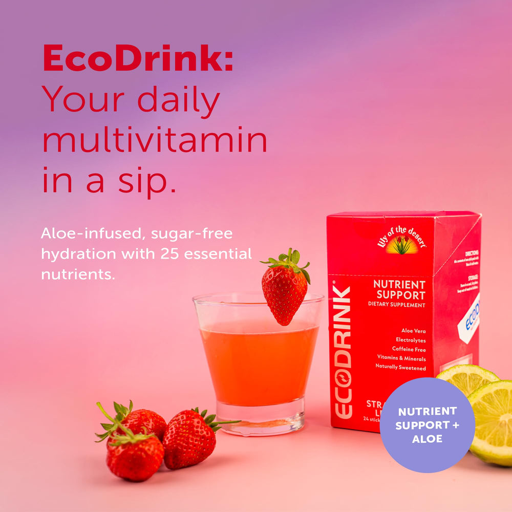 Eco Drink Lily of the Desert aloe vera bottle highlights replenishment and refreshing hydration