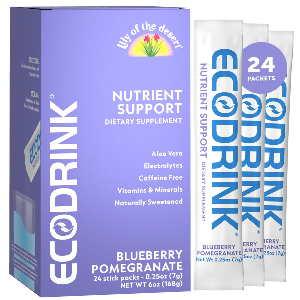 Eco Drink Lily of the Desert blueberry-pomegranate packet for convenient hydration on the go