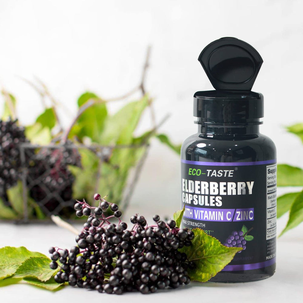 ECO-TASTE elderberry label closeup with zinc and vitamin C notes