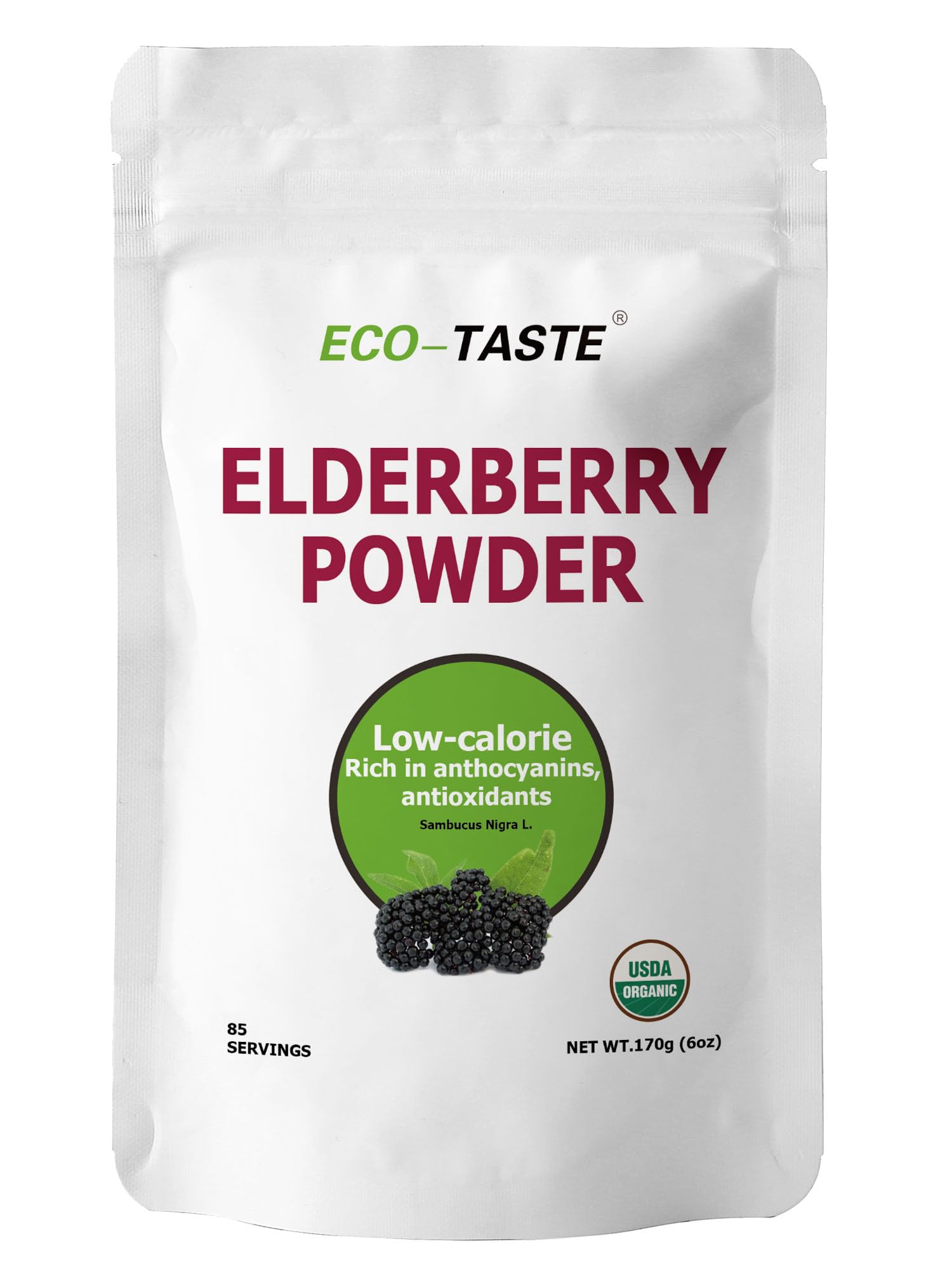 ECO-TASTE Elderberry Powder jar front with vegan and non-GMO labels.