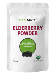 ECO-TASTE Elderberry Powder jar front with vegan and non-GMO labels.