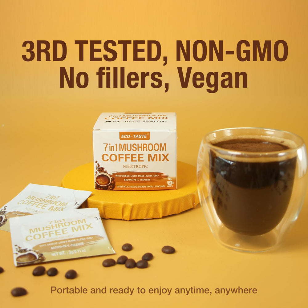 ECO-TASTE Mushroom Coffee Mix L-Theanine illustration for smooth energy and calm focus
