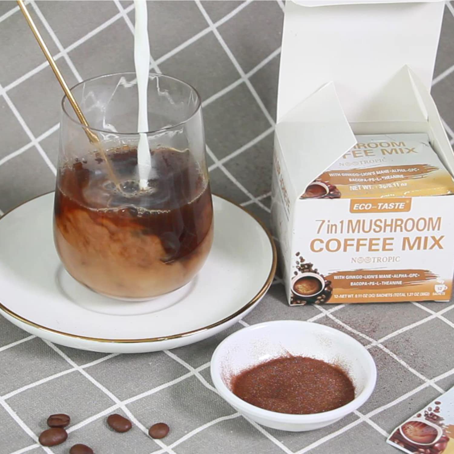 ECO-TASTE Mushroom Coffee Mix phosphatidylserine note highlighting memory-friendly routine