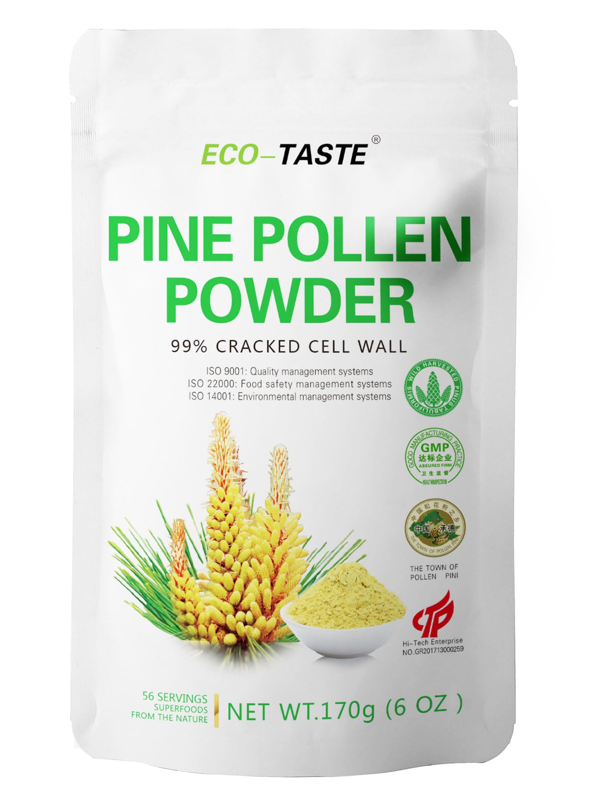 Eco-Taste Pine Pollen Powder bottle shows premium 6 oz packaging for daily supplementation.