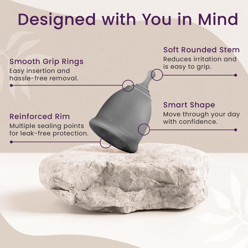 Flexible stem design of EcoBlossom cup eases removal.