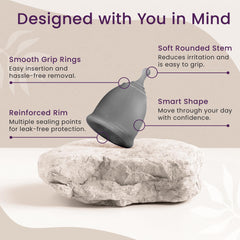 Flexible stem design of EcoBlossom cup eases removal.