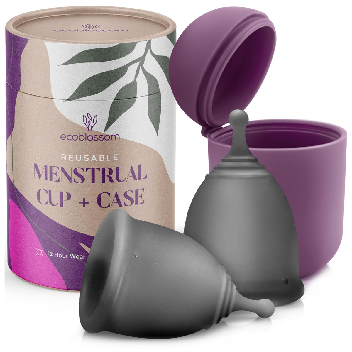 EcoBlossom reusable gray cup with case, designed for long-lasting leak protection.