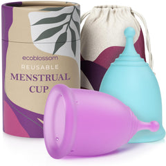 EcoBlossom reusable menstrual cup set packaging highlights eco-friendly design and longevity