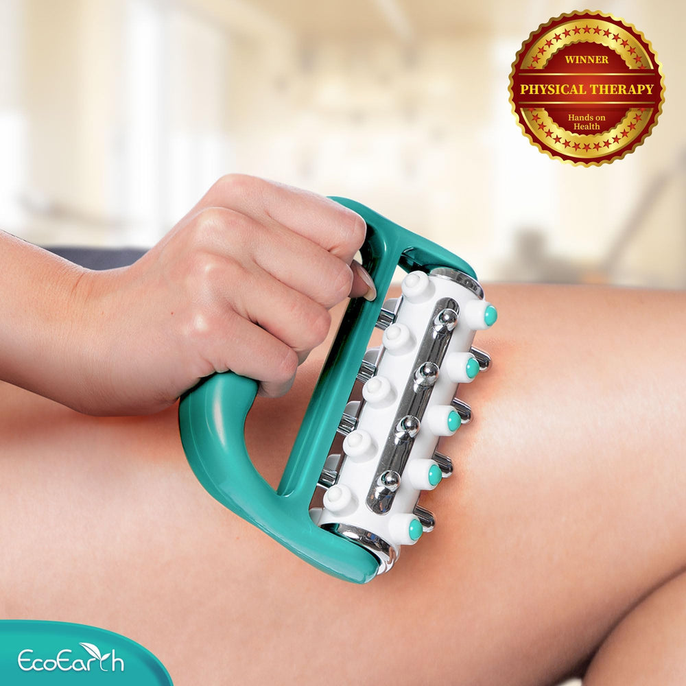 EcoEarth handheld massage roller in use, quick tension relief after workouts.