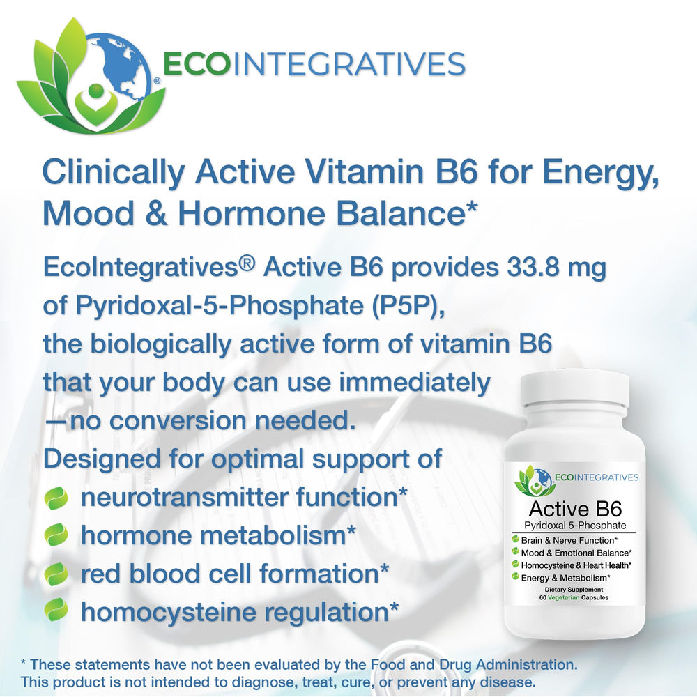 EcoIntegratives Active B6 capsules close-up in vegan, non-GMO formula.