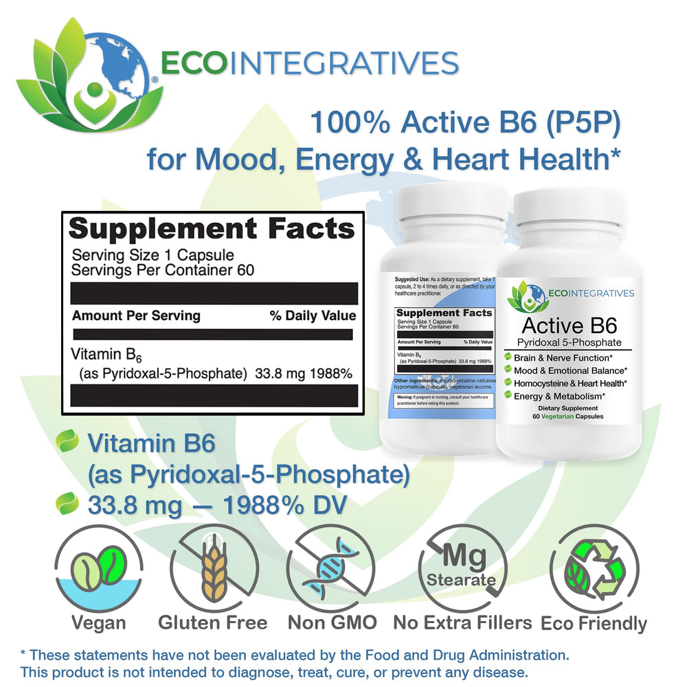 EcoIntegratives Active B6 label detail highlights 33.8 mg P5P per capsule.