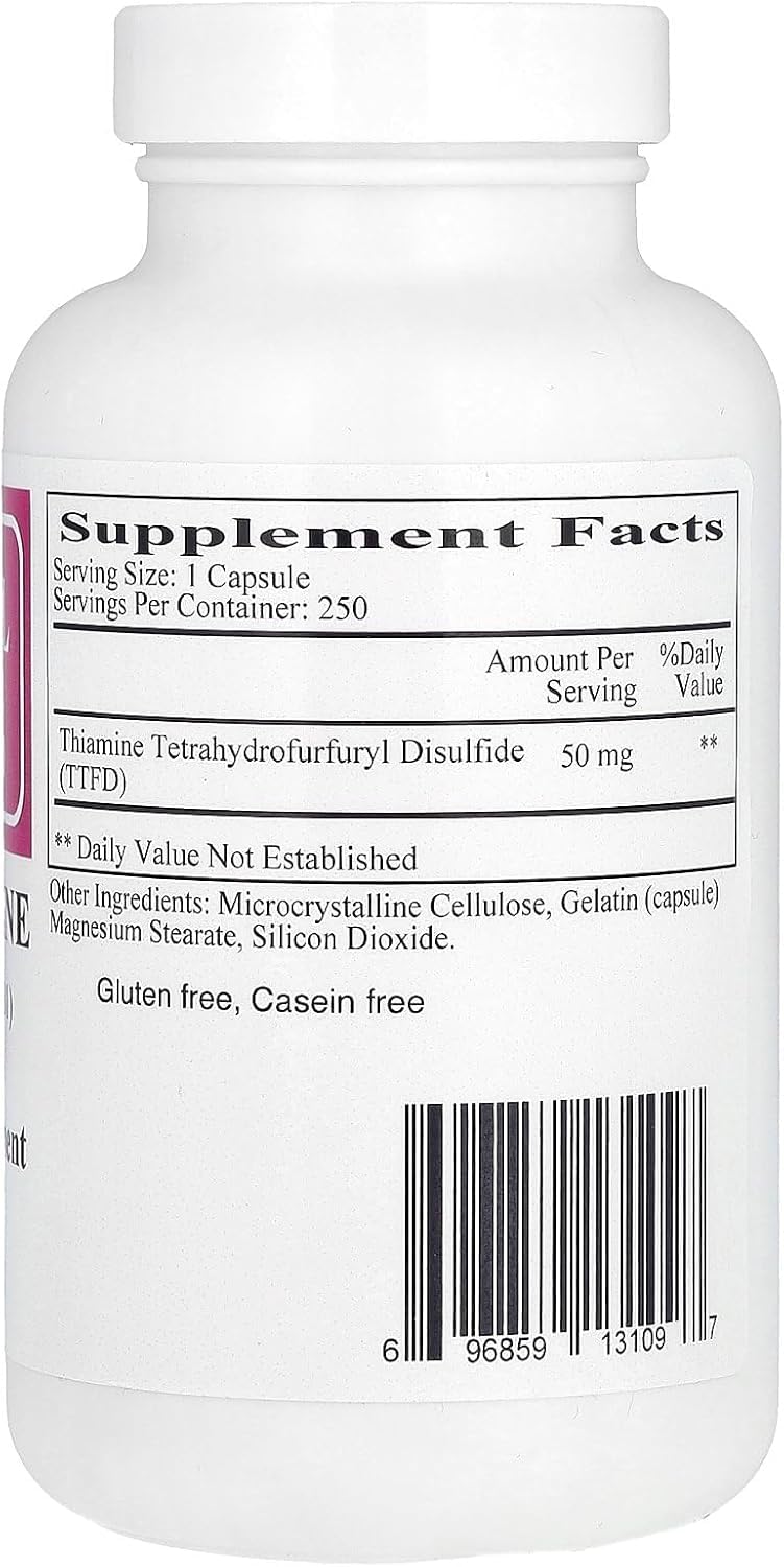 Ecological Formulas Allithiamine capsule closeup showing 50 mg thiamine B1 content