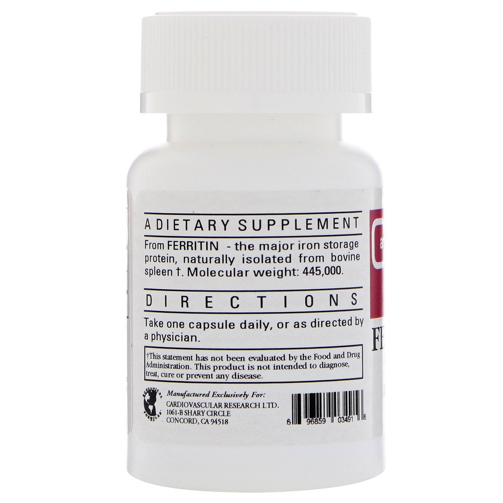 Ecological Formulas Cardiovascular Ferritin label shows ingredients and iron percent daily value