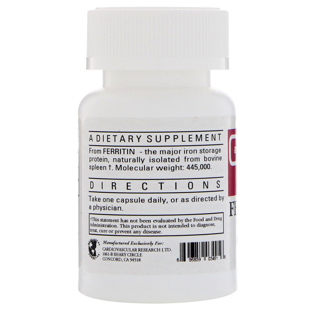 Ecological Formulas Cardiovascular Ferritin label shows ingredients and iron percent daily value