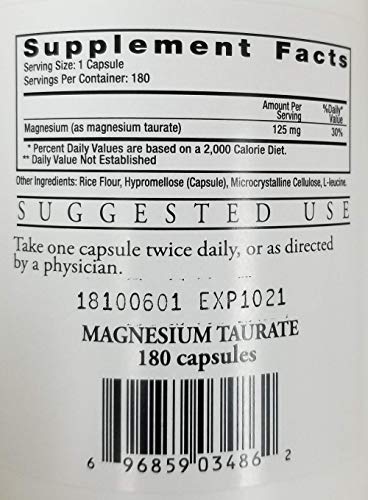 Ecological Formulas Magnesium Taurate 125 mg capsules back label with ingredients and guidance.