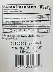 Ecological Formulas Magnesium Taurate 125 mg capsules back label with ingredients and guidance.