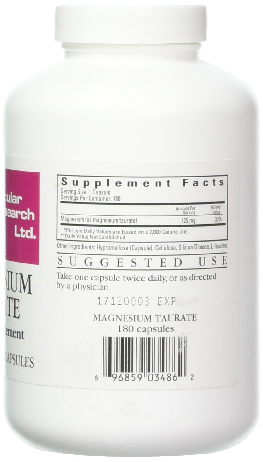 Ecological Formulas Magnesium Taurate 125 mg bottle label close-up showing dosage details.
