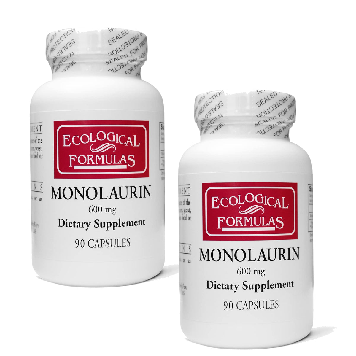 Ecological Formulas Monolaurin 600mg bottles with seal, convenient daily immune support option.