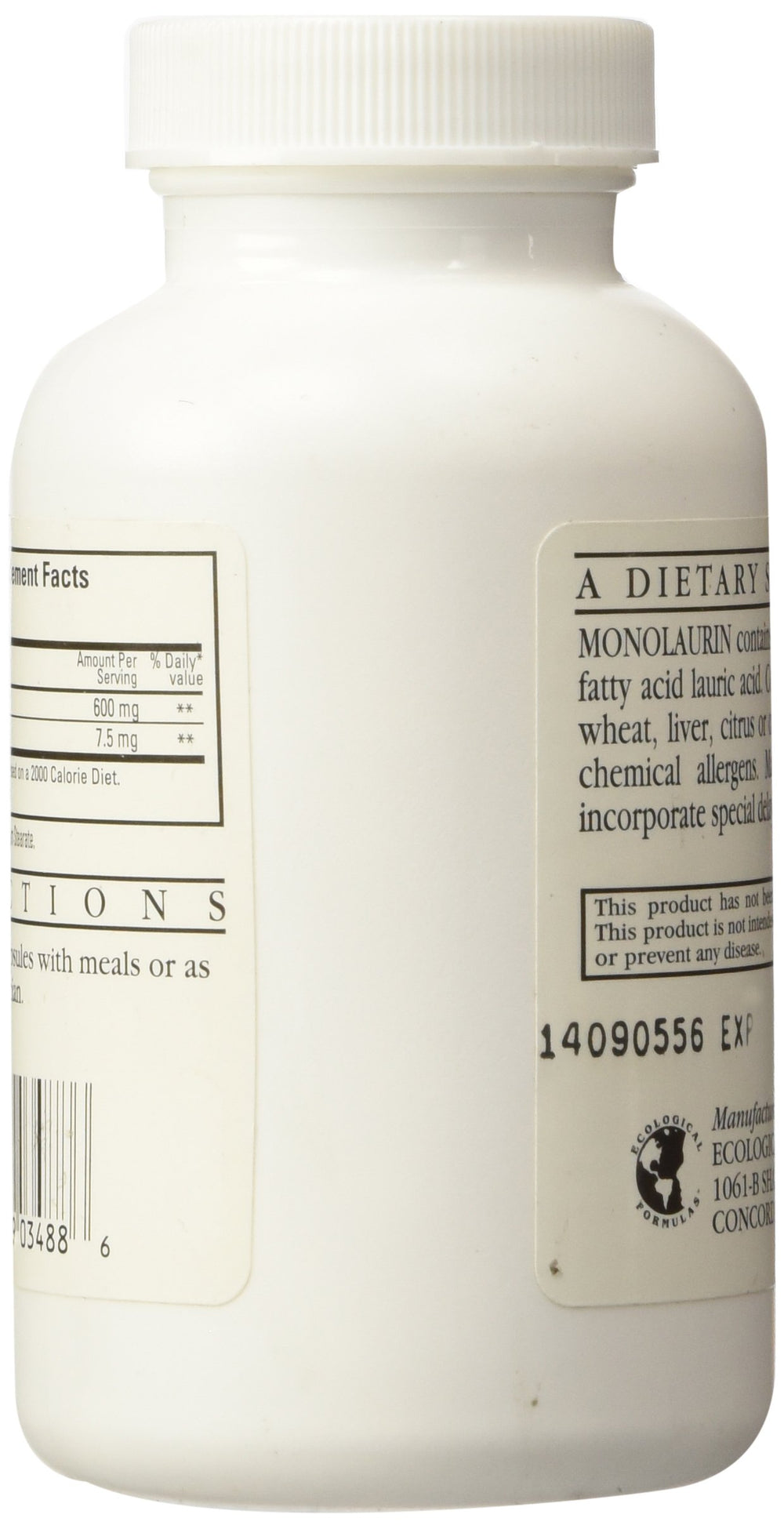 Close-up of Ecological Formulas Monolaurin capsules for easy swallowing